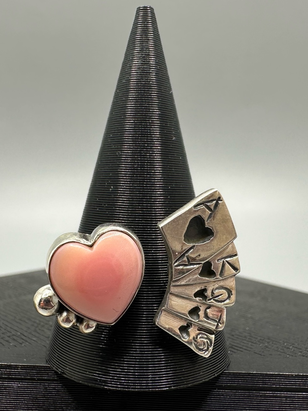 Pink Conch Sterling Silver 925 Adjustable Poker Cards Heart Ring Handmade